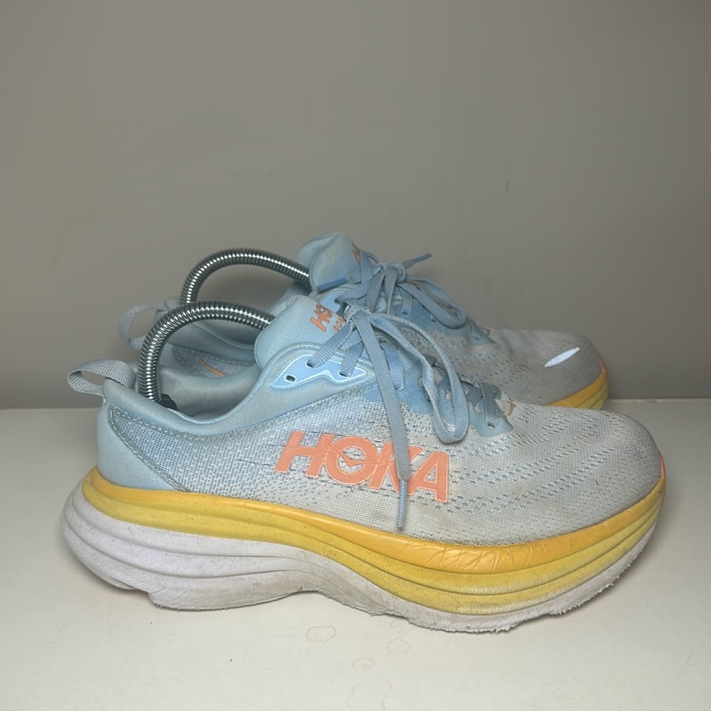 Hoka One one Bondi 8 blue with yellow wide running sneakers